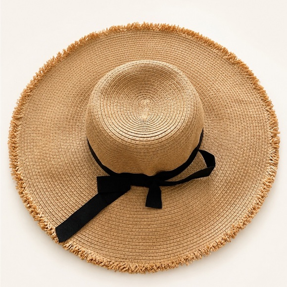 LC Lauren Conrad Accessories - Lauren Conrad Wide Brim Straw Sun Hat Fringe Edge Black Ribbon Bow One Size